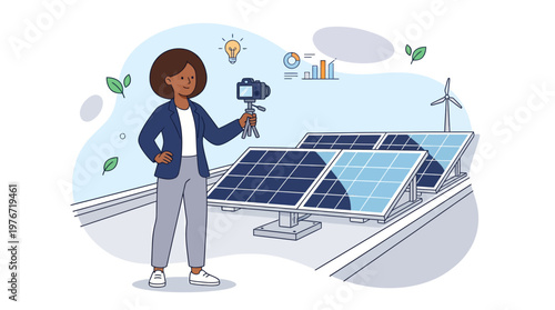 Professional woman filming solar panels and renewable energy infrastructure for sustainable business concept