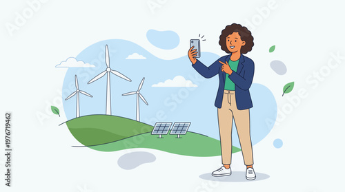 Happy Young African American Woman Using Smartphone App to Monitor Renewable Green Energy with Wind Turbines and Solar Panels Flat Illustration