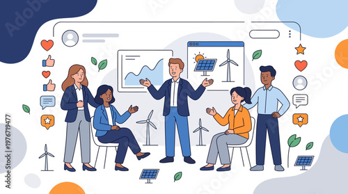 Business Team Discussing Sustainable Renewable Energy and Green Technology in a Professional Meeting Illustration