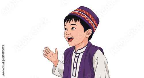 Young boy dressed in traditional purple and white asian clothing expresses joy with an open mouthed happy smile.