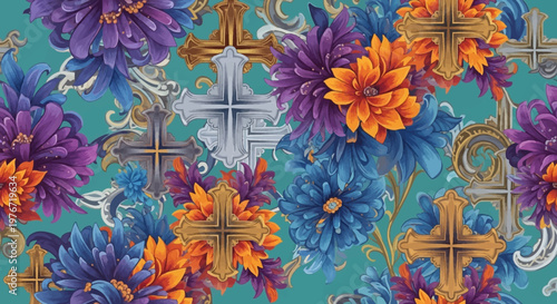 Ornate Floral Cross Pattern - Vintage Damask and Chrysanthemum Design