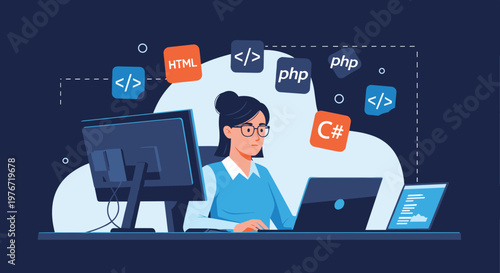 Talented female software developer working on her laptops surrounded by floating code icons and programming languages.