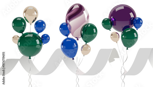 Set of Realistic 3D Translucent Balloons in Blue Purple and Green for Celebration Design.eps