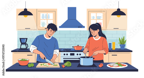 Young couple working together in a modern kitchen to prepare a healthy homemade meal with fresh vegetables and pots.