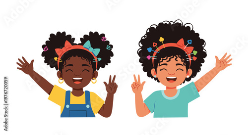 Two joyful young girls with large afro hairstyles and colorful hair accessories smile brightly and wave their hands.