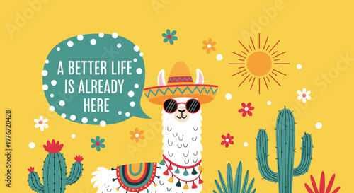 Festive white llama wearing a sombrero and sunglasses standing in a desert landscape with cacti and Mexican sun.