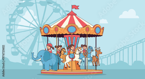 Group of happy children enjoying a ride on a colorful merry-go-round carousel with different animals at an amusement park.