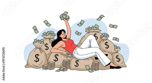 Successful young woman relaxing on a massive pile of dollar money bags while more banknotes fall from the sky around her.