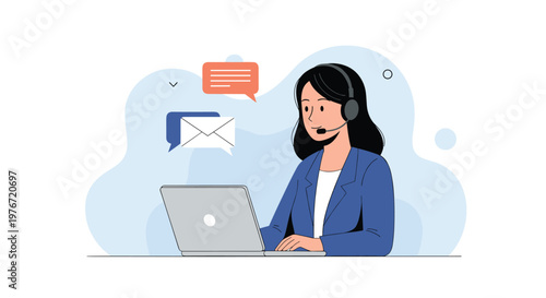 Dedicated female customer support agent wearing headphones working on her laptop to assist clients with online help.