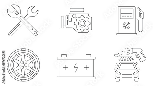 Automotive Service Icons Set of Tools, Engine, Fuel Pump, Tire, Battery, and Car Wash Equipment Vector Graphics