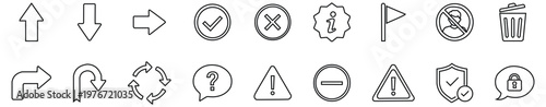 Set of icons and symbols for digital interfacesn including arrows checks warnings flags and trash presented in a minimalist outline style for clarity and ease of use in web and app design