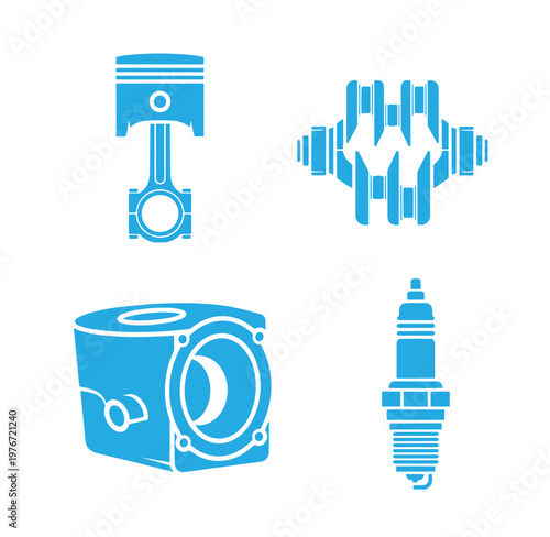 blue car engine parts icons including piston cylinder head spark plug and engine block