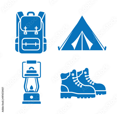 blue icons of camping gear and equipment for outdoor adventure activities
