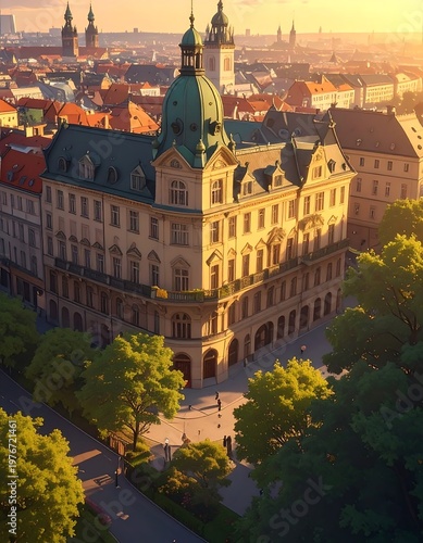 Aerial view of a large, ornate building with green roofs and a dome surrounded by trees and a cityscape