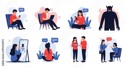 Set of illustrations depicting mental health challenges, technology addiction, social anxiety, and inner demons.