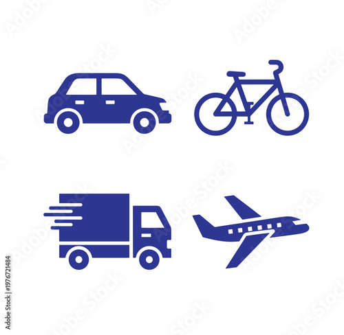 blue icons of car bicycle truck and airplane on white background for transportation concepts