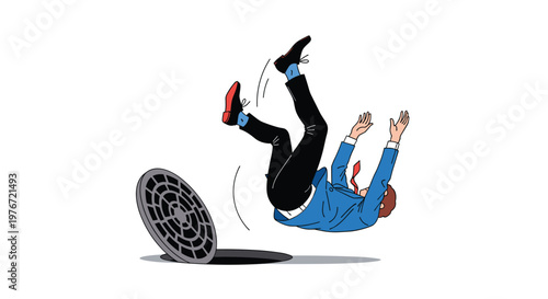 Businessman in a blue professional suit falling backward into an open sewer manhole in an unfortunate city accident.