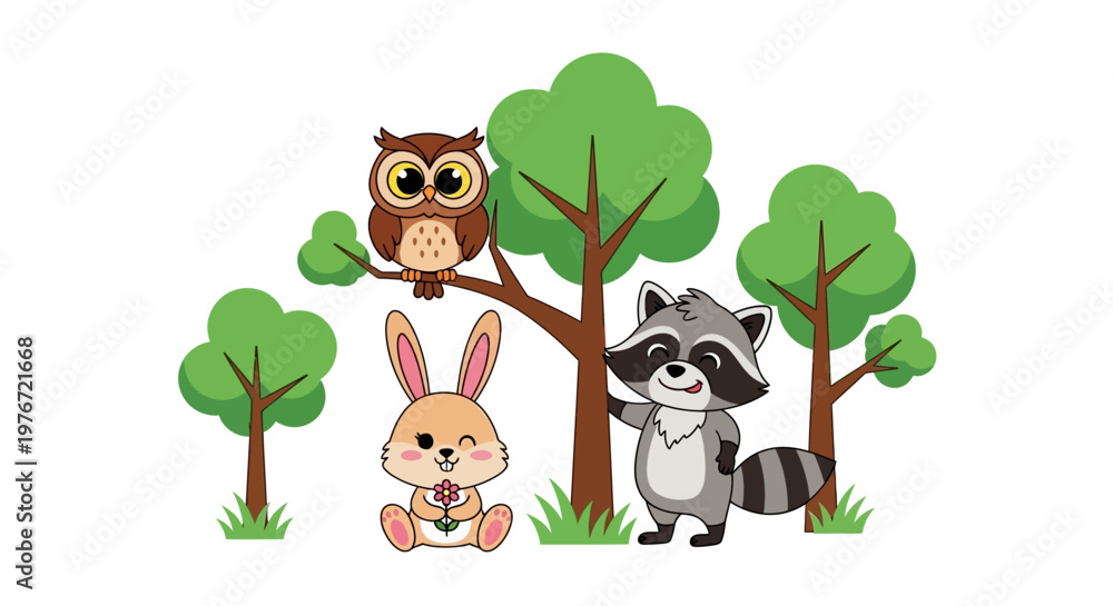 Fototapeta premium Cartoon illustration of a cute rabbit, raccoon, and owl standing together in a forest with trees on a white background.