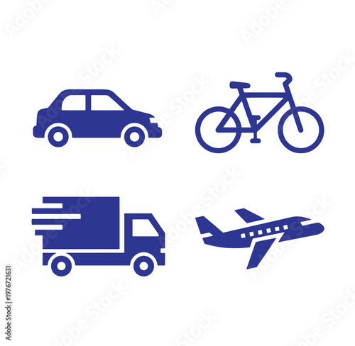 blue icons of car bicycle truck and airplane on white background