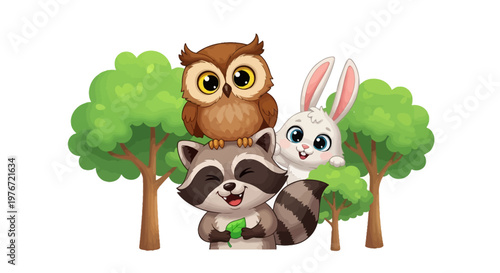 Cartoon illustration of a cute raccoon, owl, and rabbit with trees on a white background, conveying a forest scene with animals.
