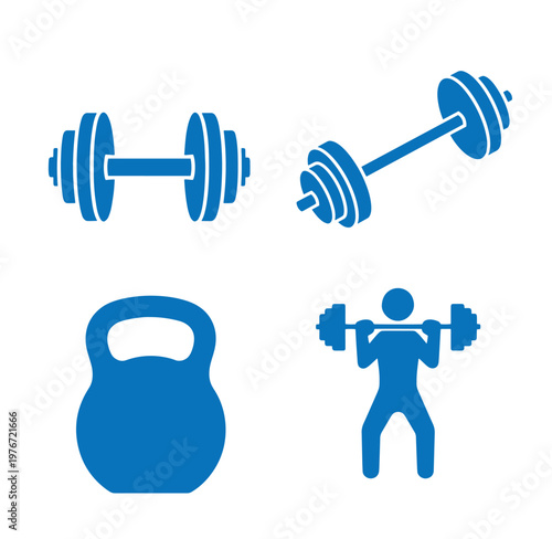 Blue icons of gym equipment and a person lifting weights for fitness and exercise