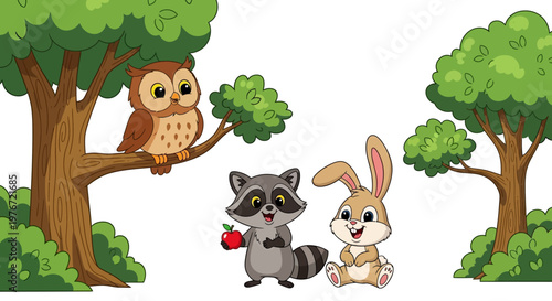Cartoon illustration of a cute owl perched on a tree branch alongside a raccoon and rabbit standing in a forest clearing against a white background.