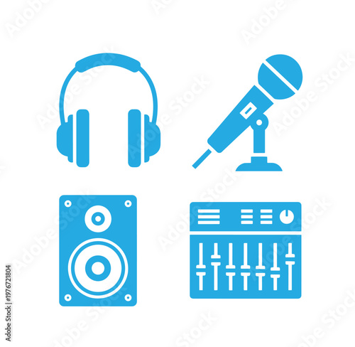 Blue icons of headphones microphone speaker and sound mixer on white background