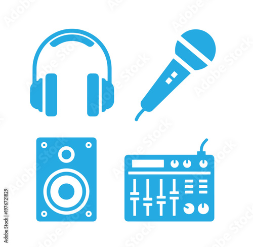 Blue icons of music and audio equipment on white background  headphones microphone speaker mixer