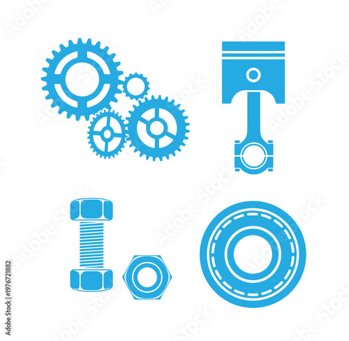 blue mechanical icons including gears bolts and piston on white background