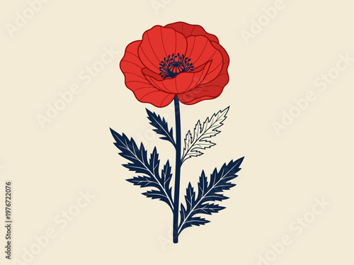 Minimalist Red Poppy Flower Illustration - Botanical Floral Graphic Design on Cream Background
