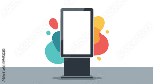 Blank digital billboard or information kiosk mockup on a grey floor with colorful abstract fluid shapes in the background for advertising.