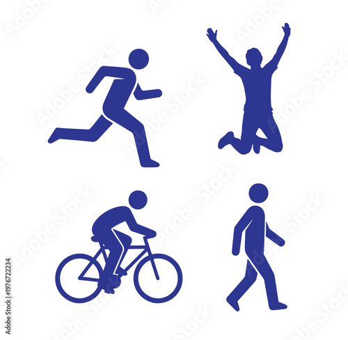 blue silhouettes of people running jumping cycling and walking on white background