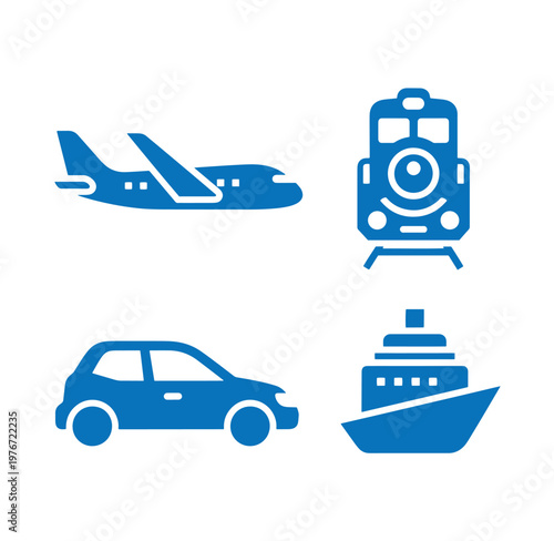 blue transportation icons including airplane car train and boat on white background