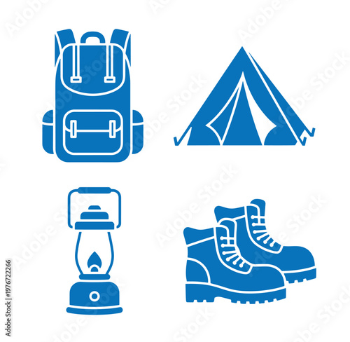 Camping icons including backpack tent lamp and hiking boots for outdoor adventure travel