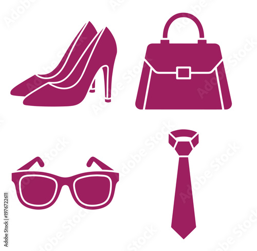 Fashion accessories icons including high heels handbag glasses and tie in pink