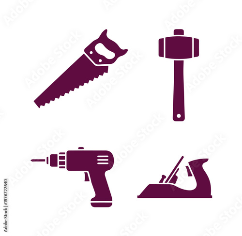 four purple construction tools on white background