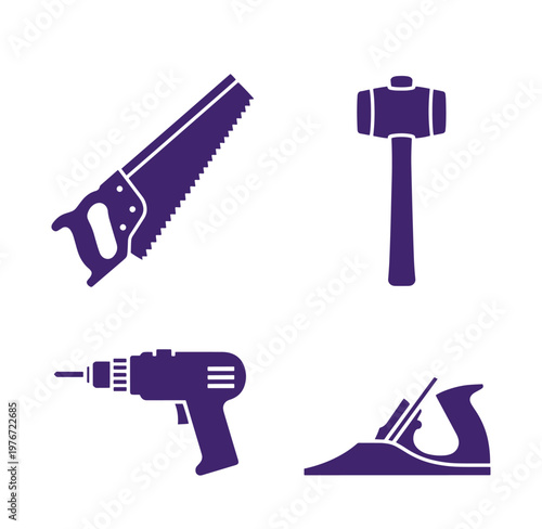 Four purple icons of hand tools on white background including a saw hammer drill and iron