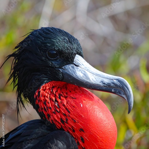 Close-up of a bird with black feathers and red throat patch