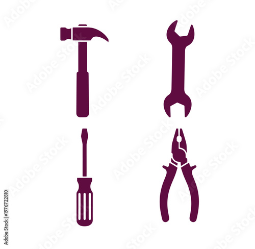 Four purple tool silhouettes on white background including hammer wrench pliers screwdriver