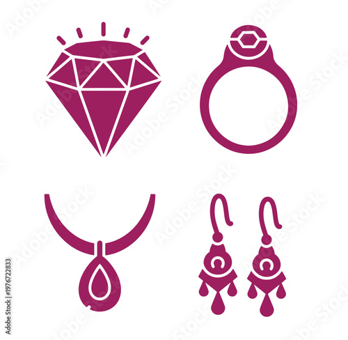 jewelry icons with diamond ring necklace and earrings on white background
