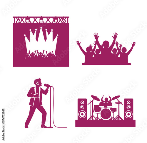 Music festival icons set with concert crowd singer drummer and stage  lively performance elements