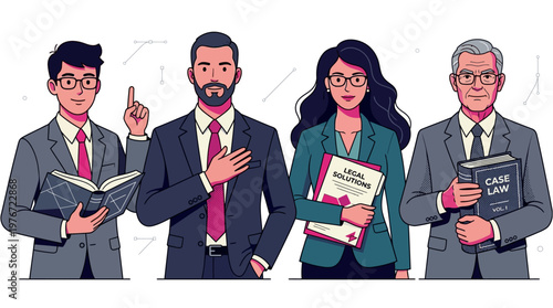 Professional Legal Team Illustration with Attorneys and Law Experts Holding Case Law Books and Folders