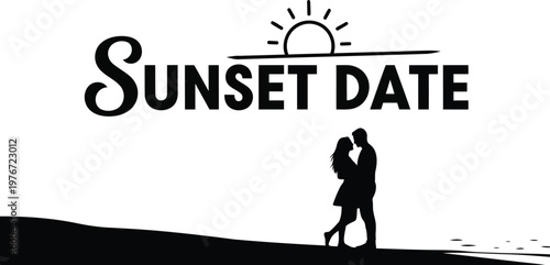 Black silhouette couple kissing at sunset romantic