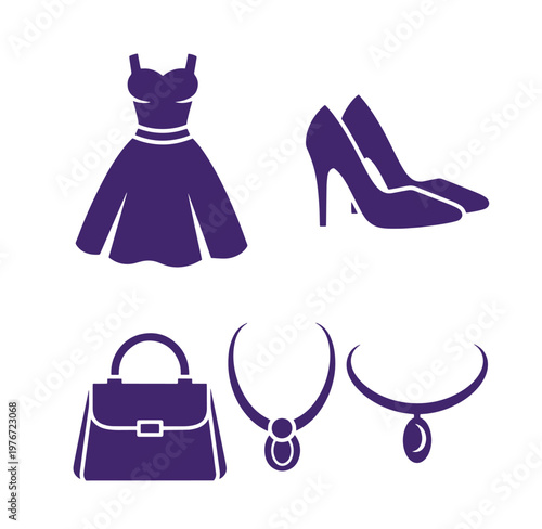 Purple fashion icons including dress shoes handbag and jewelry on white background