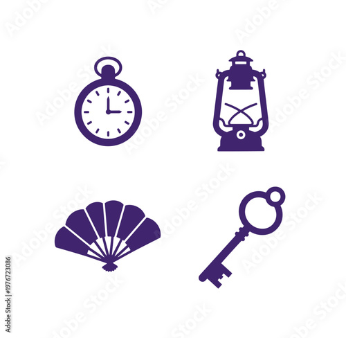 Purple icons of clock lantern hand fan and key on white background