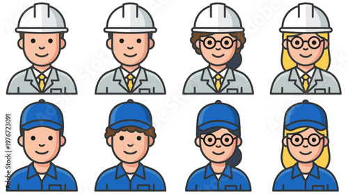 Set of diverse professional worker avatars featuring engineers in hard hats and technicians in caps. Flat vector icon collection for industry, logistics, and labor careers.