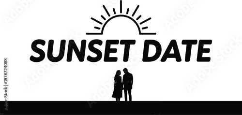 Black silhouette of couple under sunset text date