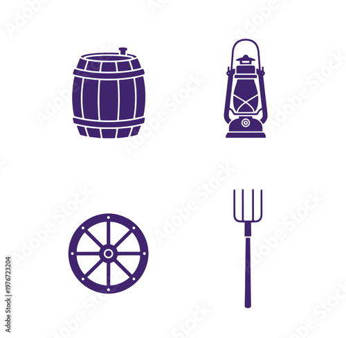Purple icons of farm tools and equipment on white background