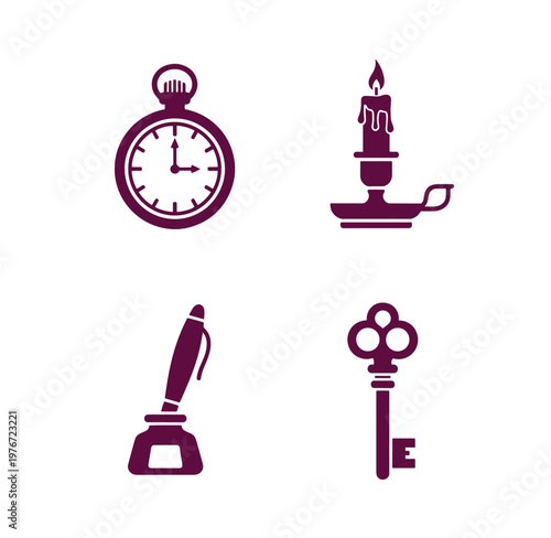 Purple icons of stopwatch candle pen and key on white background