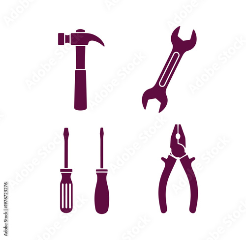 Purple icons of various hand tools on white background